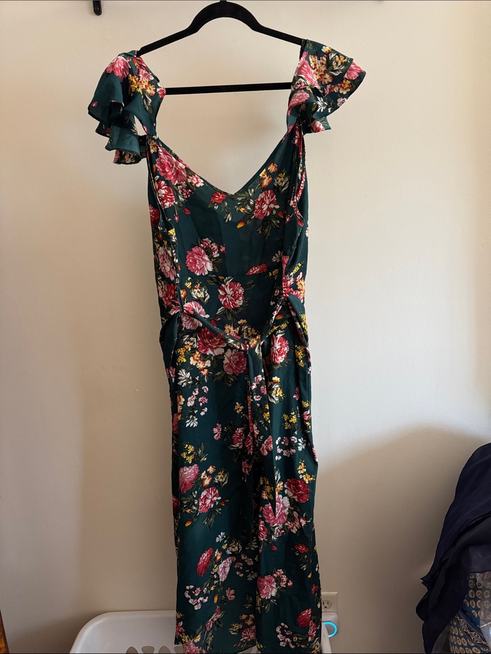 Green Floral Maxi Dress with Ruffle Sleeves and Tie Waist